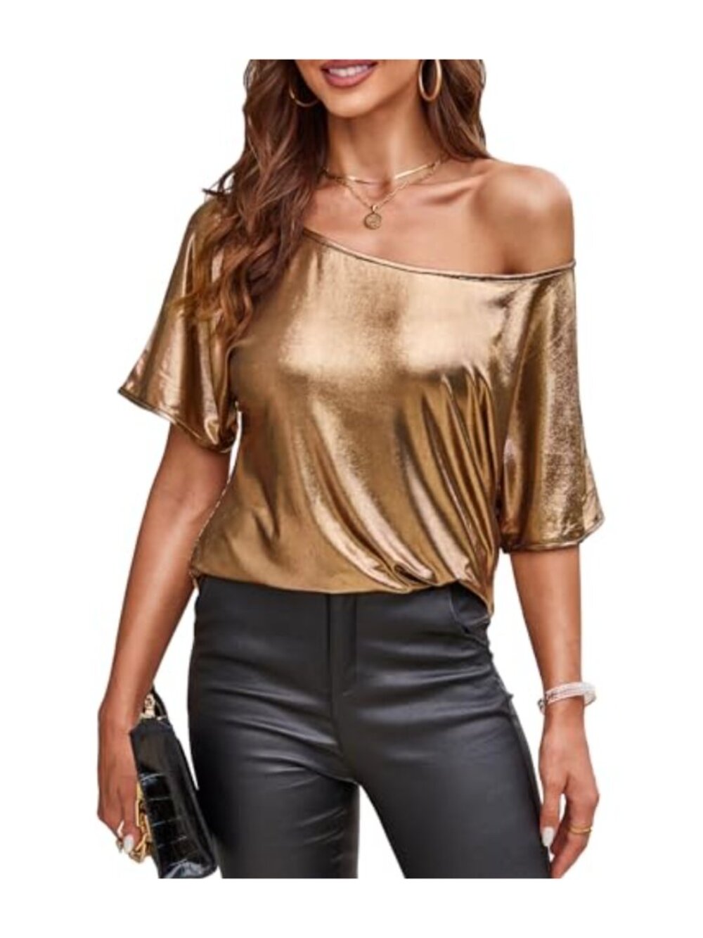 Sparkly Off Shoulder Short Sleeve Sequin Tunic Blouse Loose Casual